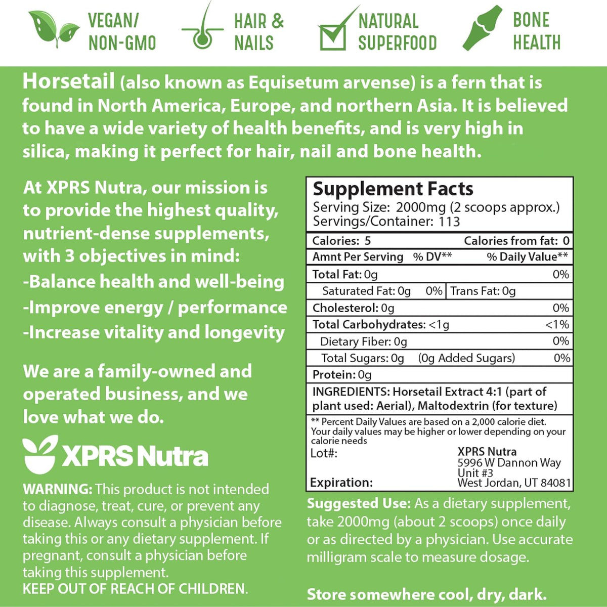 XPRS Nutra Horsetail Extract Powder - High Potency Horsetail Root Powder for Hair, Nails and Bones - Vegan Friendly (227 g) - görsel 7