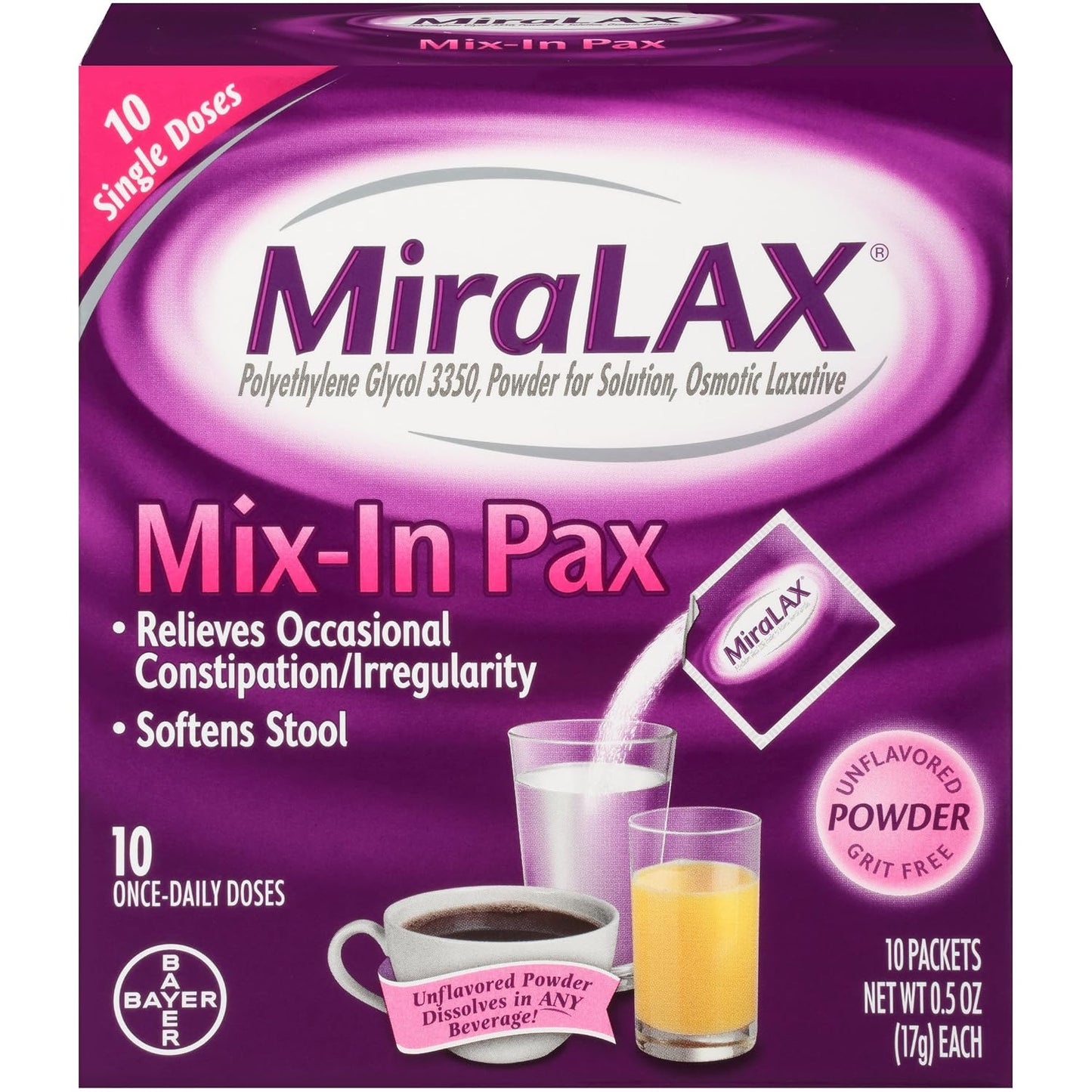MiraLAX Single Dose Sachets, 0.5 oz, 10 Sachets (Pack of 2) - görsel 1