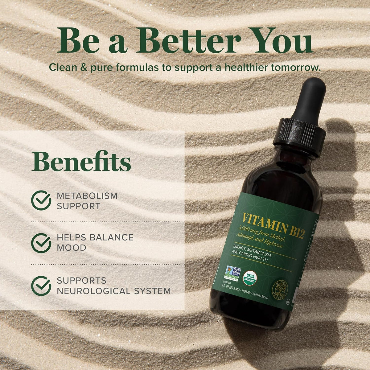 Global Healing - Organic Vitamin B12 5000 mcg Sublingual Liquid - Methylcobalamin, Hydroxocobalamin Blend - Methylated Drops - Vegan, Non-GMO (59 ml) - görsel 4