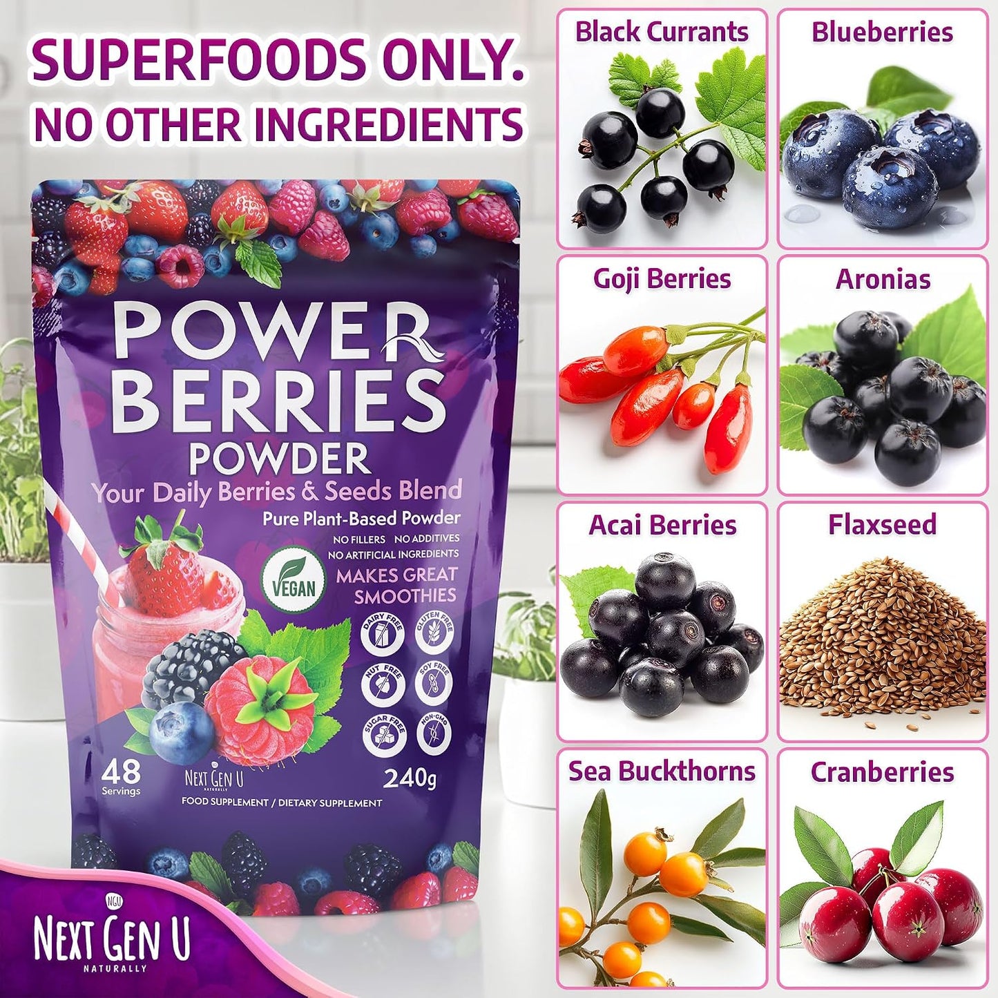 Super Berry Powder - 1 Pack, 240g - Food Supplement with Superfood Berries - Immune Support & Antioxidant Blend - Smoothie Mix for Shakes - by NextGenU - görsel 2