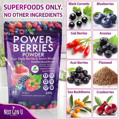 Super Berry Powder - 1 Pack, 240g - Food Supplement with Superfood Berries - Immune Support & Antioxidant Blend - Smoothie Mix for Shakes - by NextGenU