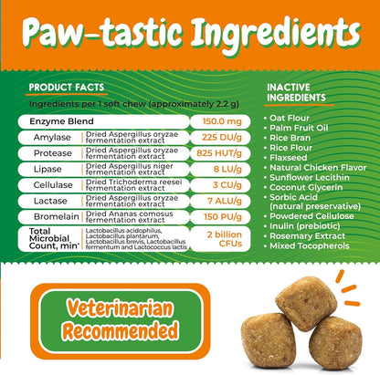 Probiotics for Dogs, Digestive Enzymes & Prebiotic Formula for Gut Health, Dog Probiotics for Diarrhoea, Bowel & Immune Support, Chicken Flavour, 120 Soft Chews