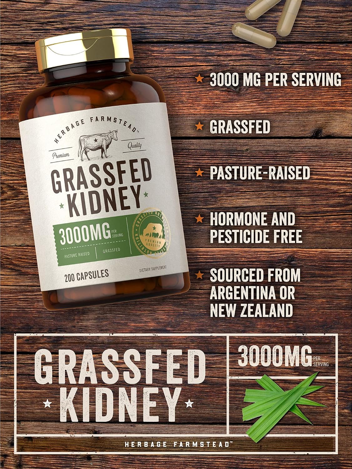 Carlyle Grass Fed Beef Kidney Supplement – 3000mg, 200 Capsules - görsel 2
