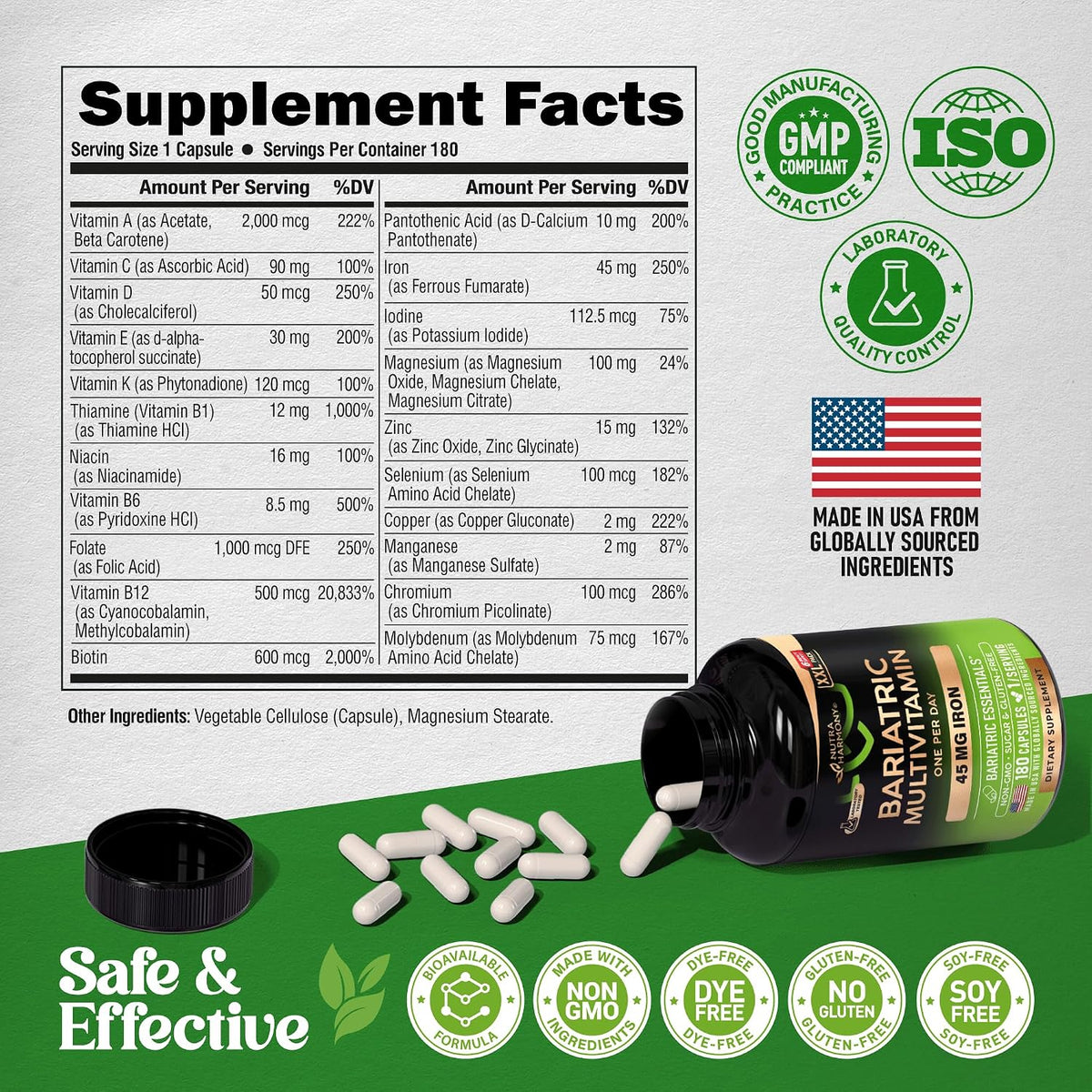 Bariatric Multivitamin - 45 mg Iron Supplements - Lab Tested - for Women & Men - All-in-One, 21 Essential Vitamins - Gastric Sleeve Support - Free of Sugar, Gluten & Soya - 180 Capsules, Once Daily - görsel 7