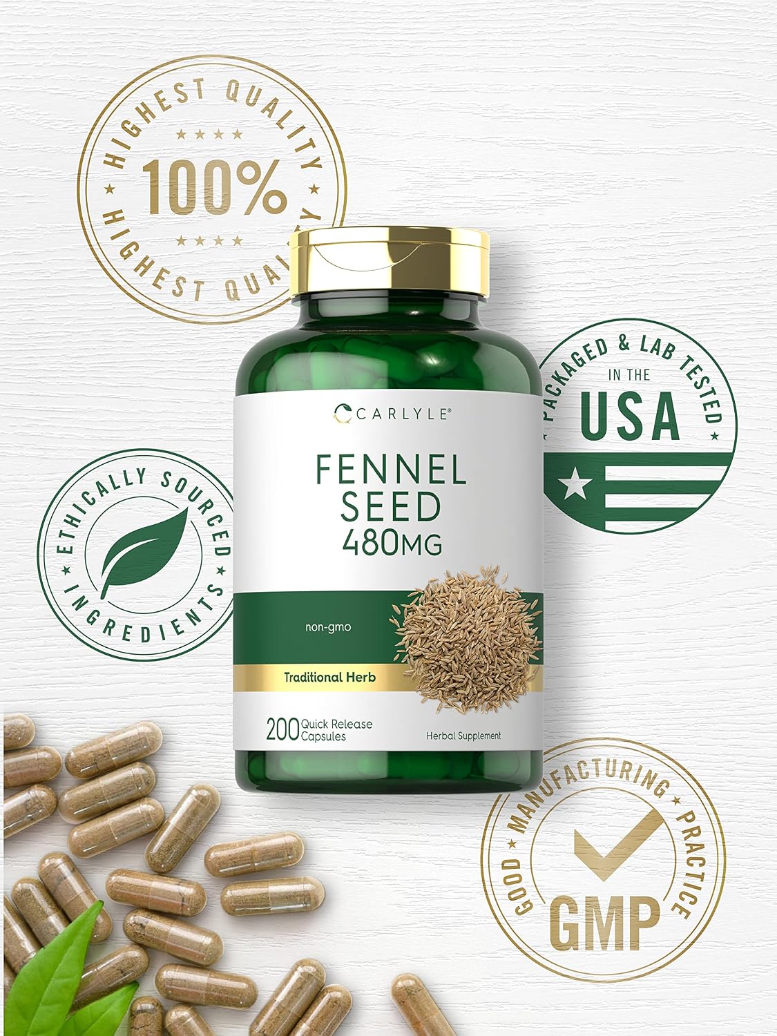 Carlyle Fennel Seed 480mg | 200 Capsules | Herbal Supplement | Non-GMO - görsel 5