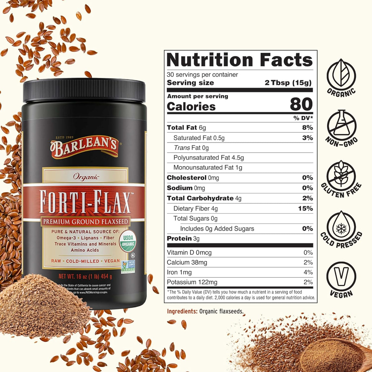 Barlean's Forti-Flax Organic Flaxseed 2 Pack, Ground Whole Raw Seeds, Omega 3 Seed Fibre Supplement with Lignans, Vegan, 2 x 454g - görsel 6