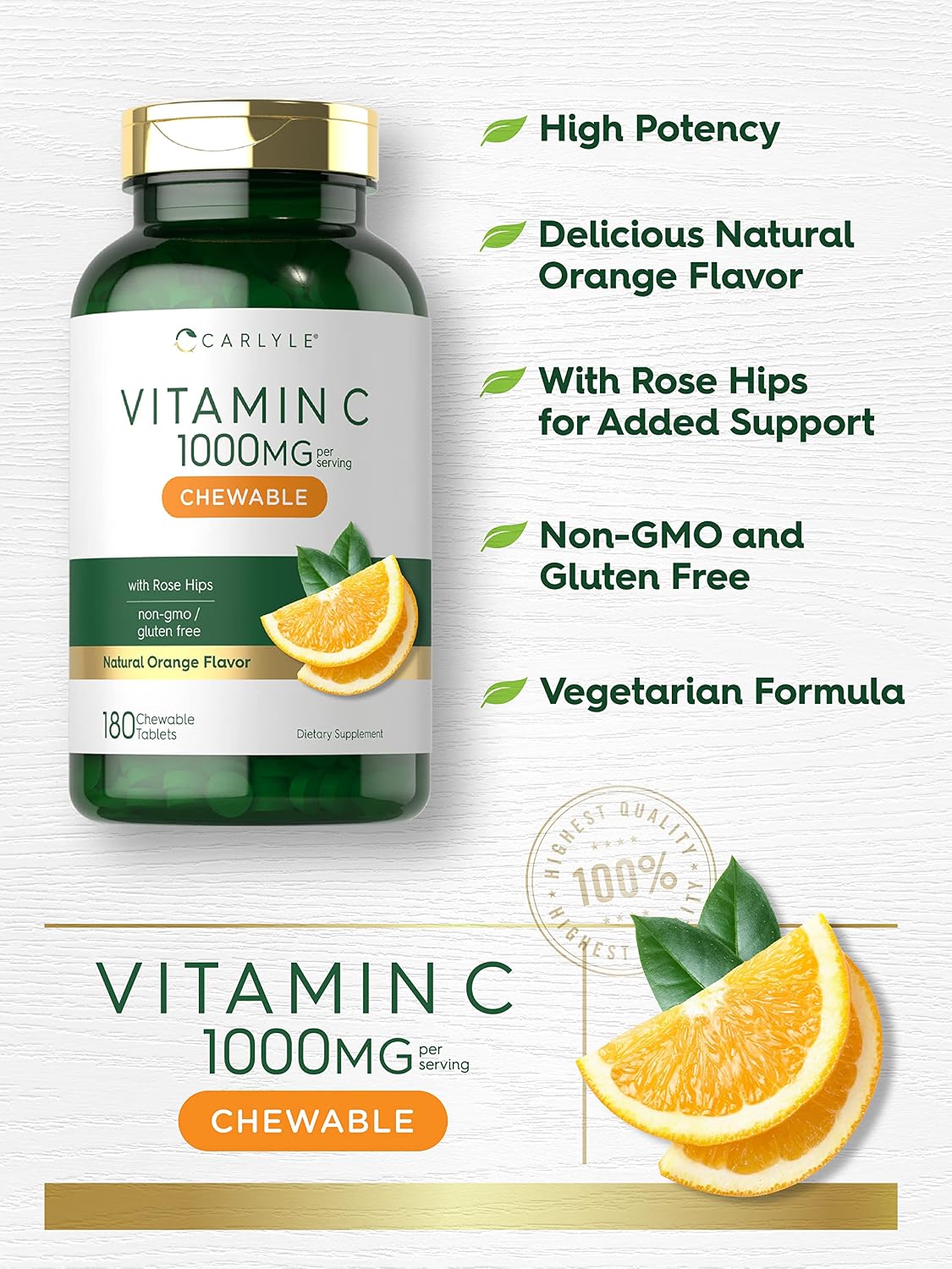 Carlyle Vitamin C Chewables | 1000mg | 180 Tablets | Vegetarian, Non-GM, Gluten-free Supplement – Image 3