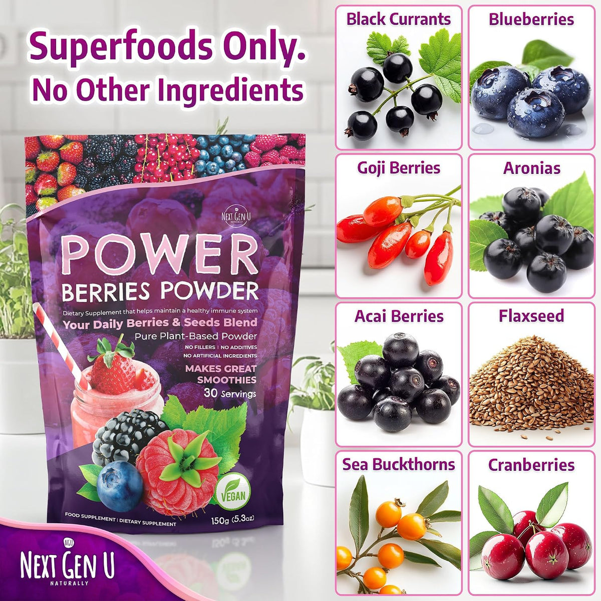 Super Berry Powder - 4 Pack, 150g Each - Immune Support - Food Supplement - Superfood Berries - Smoothie Mix for Shakes - Healthy Boost for Detox Juice Beverages or Any Drink - by NextGenU - görsel 2