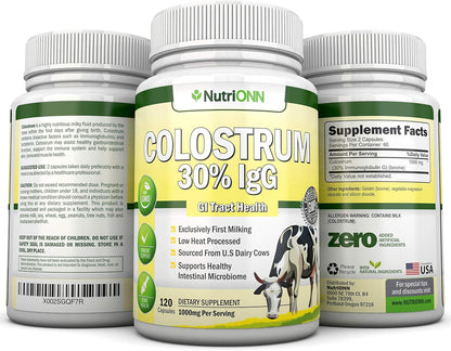 NutriONN Colostrum 1000mg - 120 Capsules | 30% IgG | Non-GMO | First Milking Bovine Colostrum