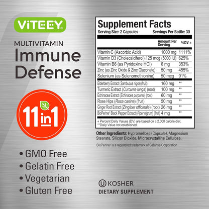Viteey 11-in-1 Immune Support Supplement - Immune Defence with Vitamin D3, C, Zinc, Elderberry, and BioPerine (120 Capsules)