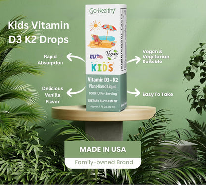 Go Healthy Kids D3 K2 (MK-7) Liquid Drops - Sugar-Free, Vanilla Flavour, 30 Servings