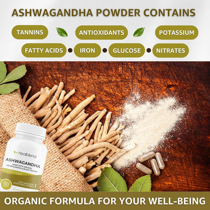 Organic Ashwagandha 1300mg with Black Pepper Extract - Mood and Energy Support Supplement - 60 Capsules