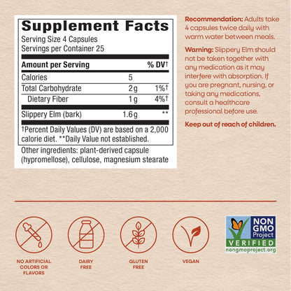 Nature's Way Slippery Elm Bark Capsules – Traditional Digestive Support – 1,600 mg per Serving – Vegan – 100 Capsules