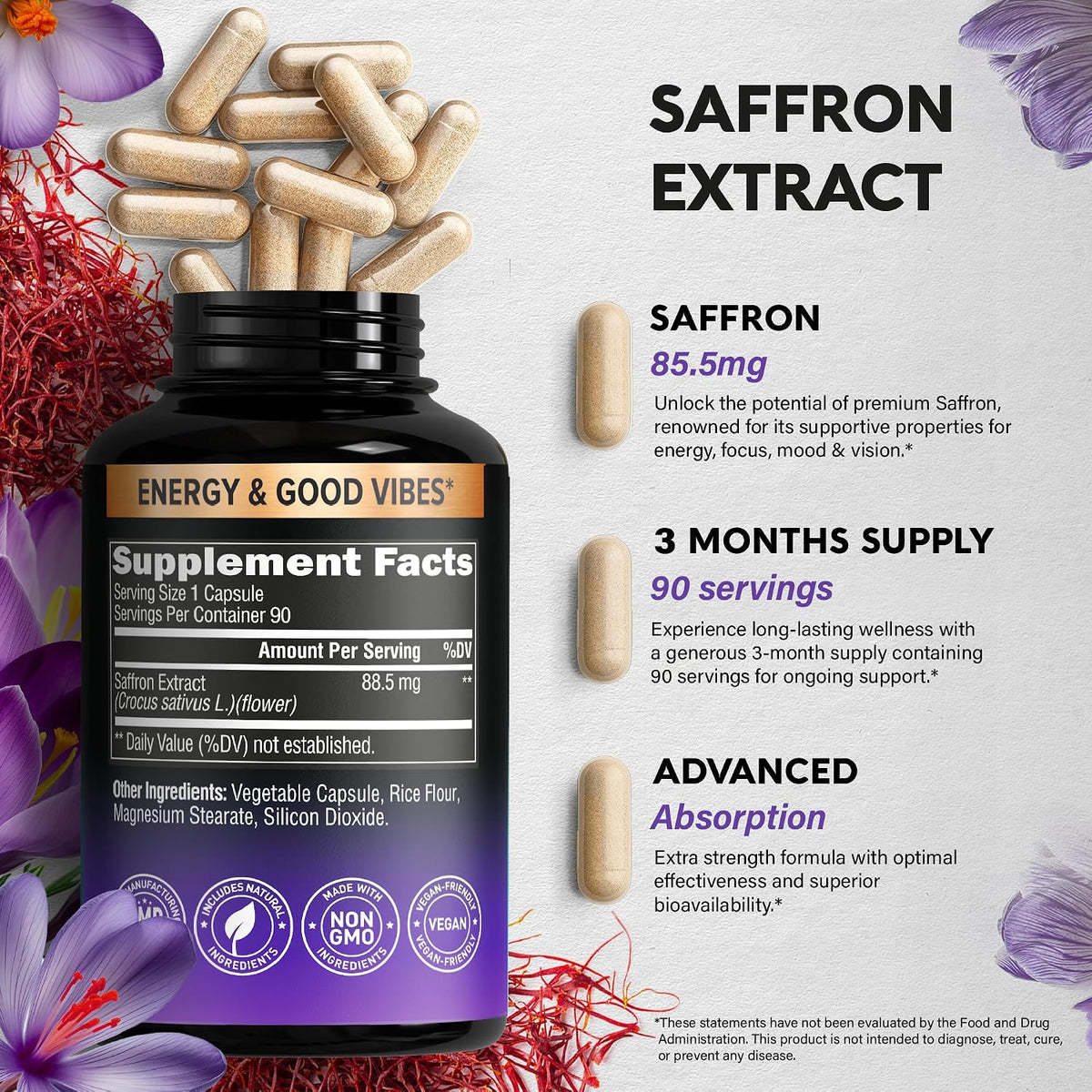 NUTRAHARMONY Pure Saffron Extract 88.5 mg – Mood, Focus & Eye Health Supplement – 90 Capsules - görsel 6