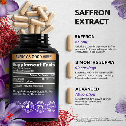 NUTRAHARMONY Pure Saffron Extract 88.5 mg – Mood, Focus & Eye Health Supplement – 90 Capsules