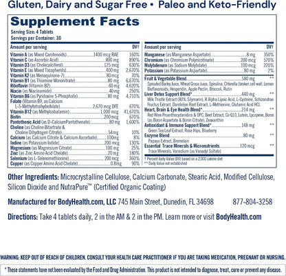 BodyHealth Multi Complete (120 Count) Daily Multivitamin for Men and Women with Whole Foods, Minerals, Antioxidants, Organic Green Food Concentrates, and Liver Detox Extracts, Non-GMO