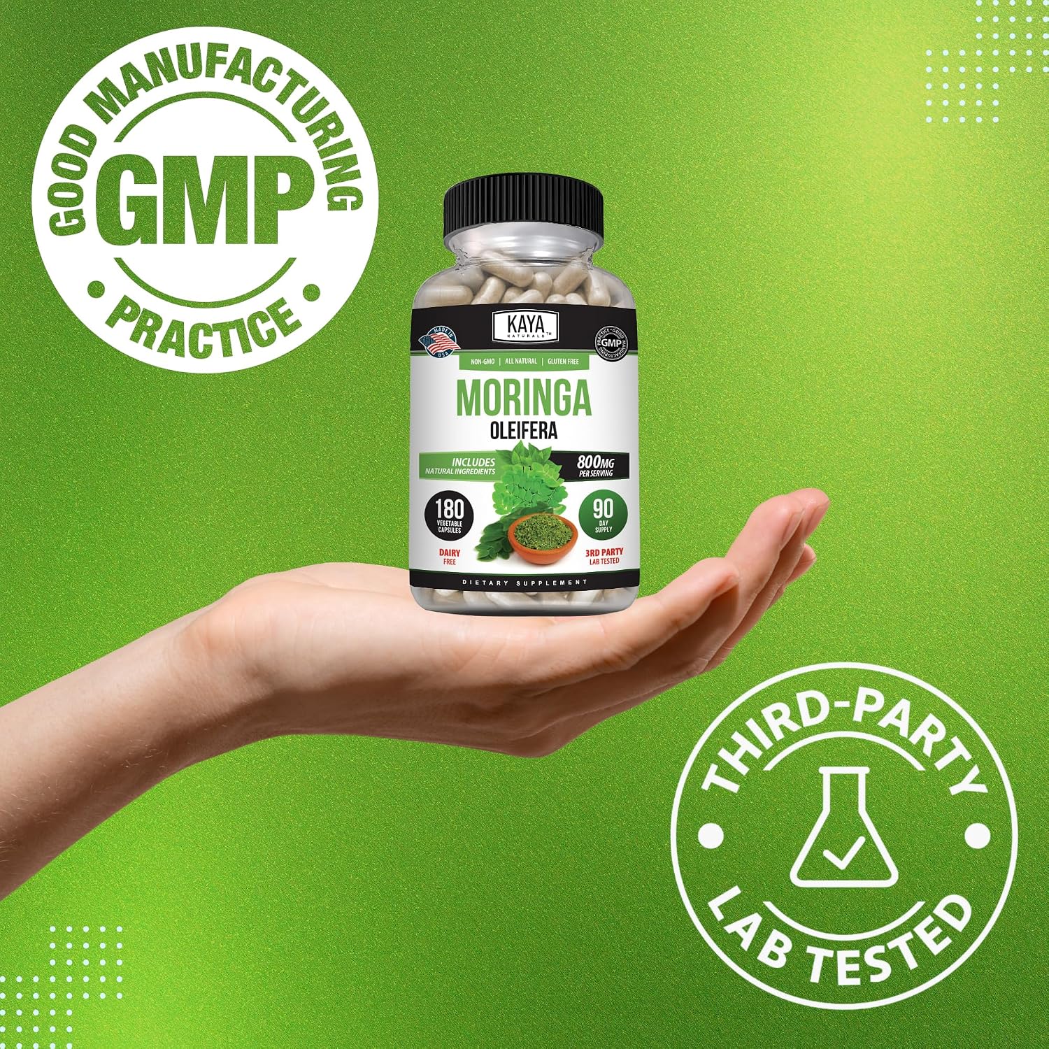 Kaya Naturals Moringa Leaf Extract - Complete Greens Superfood Supplement - Pure Miracle Tree Moringa - Boost Energy Naturally - Nutrient Dense Vitamins for Adult - 180 Veggie Count - görsel 6