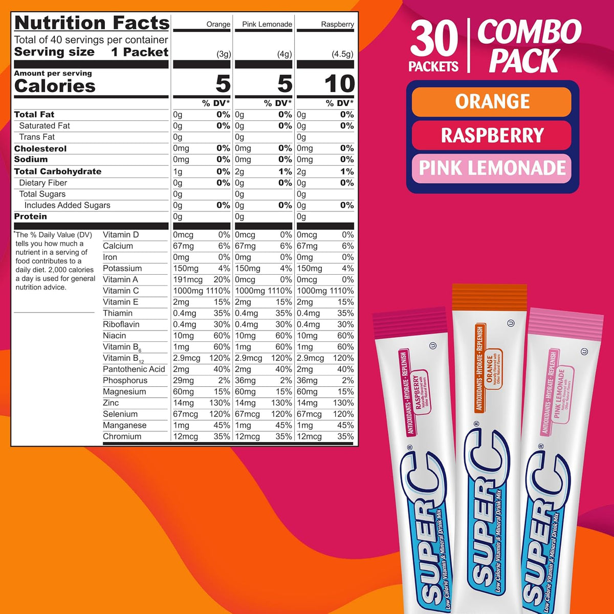 Super C Singles to Go Powder Sachets, Water Drink Mix, Variety Pack, Orange, Raspberry & Pink Lemonade, On-The-Go, 30 Sachets - görsel 2