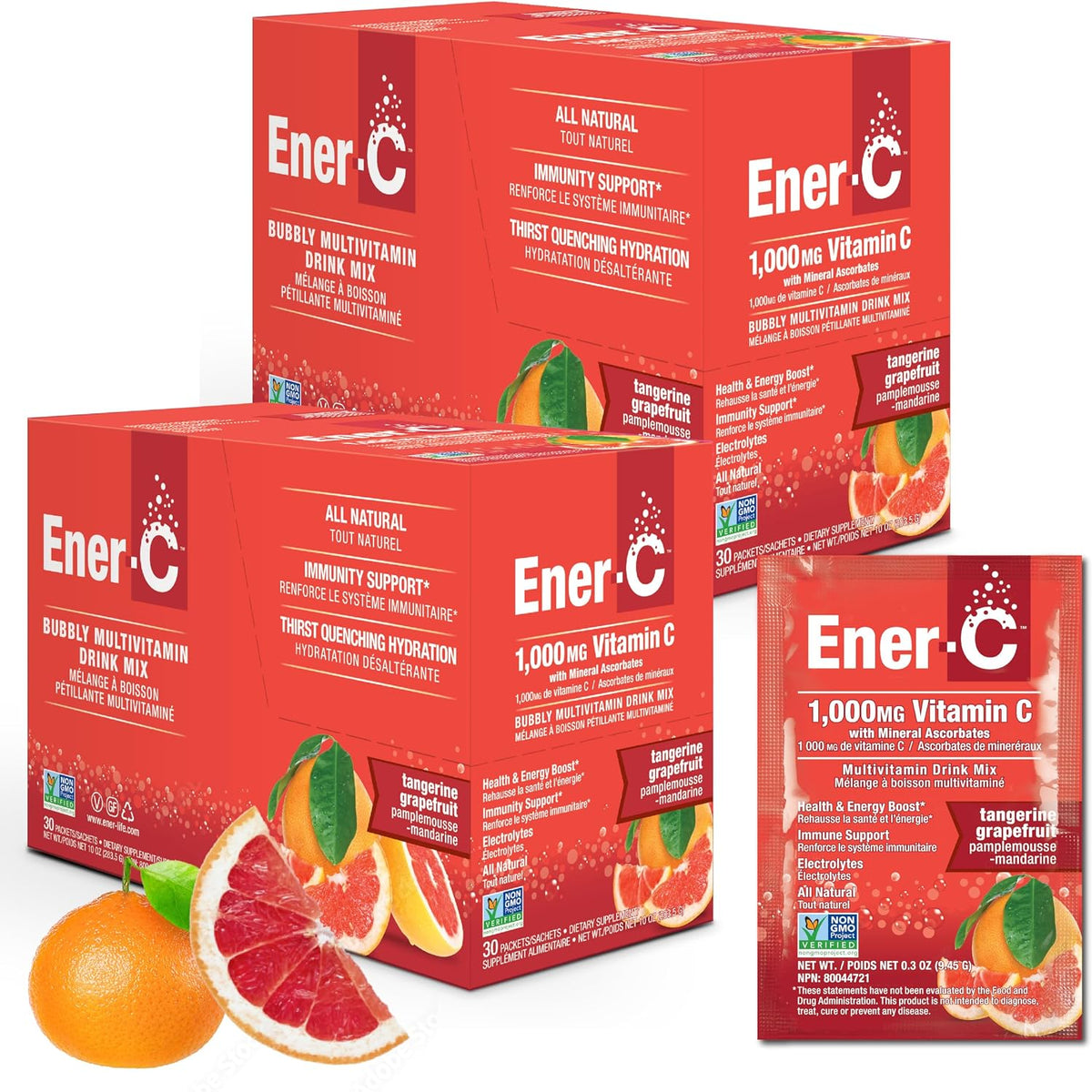 Ener-C Tangerine & Grapefruit Multivitamin Drink Mix - 1000mg Vitamin C, Non-GMO, Vegan, Gluten-free, Electrolytes, 2-Pack (60 Sachets) - görsel 1