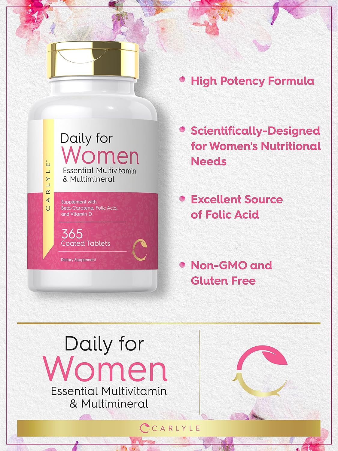 Carlyle Multivitamin and Multimineral for Women | 365 Tablets | Daily Supplement with Beta-Carotene, Folic Acid and Vitamin D | Non-GMO, Gluten-free - görsel 3
