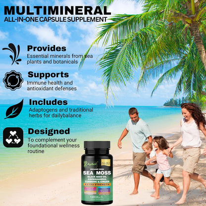 Organic Irish Sea Moss Capsules 120 Count – 16 in 1 Sea Moss Supplement with Black Seed Oil, Ashwagandha, Turmeric & Ginger, Bladderwrack & Burdock Root, Vitamin D3 – Organic, Vegan, Halal, Non-GMO