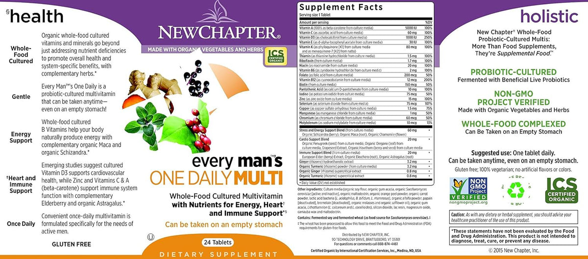 New Chapter Every Man's One Daily - Men's Multivitamin Fermented with Probiotics + Selenium + B Vitamins + Vitamin D3 + Organic Non-GMO Ingredients, 24 Tablets - görsel 3
