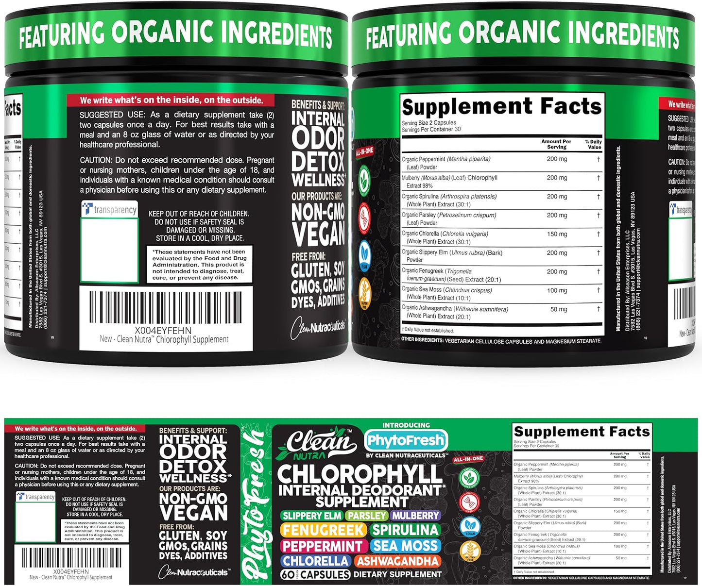 Clean Nutra Chlorophyll Capsules Supplement Internal Deodorant Peppermint, Sea Moss, Parsley, Chlorella, Spirulina, Slippery Elm, Ashwagandha, PhytoFresh Greens Detox Pills - görsel 9