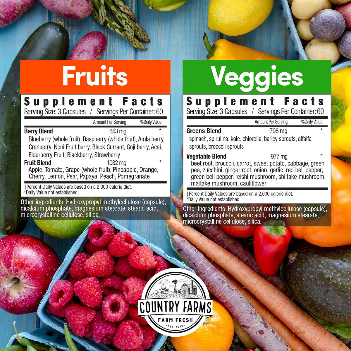 Country Farms Fruit and Vegetable Supplement - 180 Fruit and 180 Vegetable Capsules, 60 Servings - görsel 2