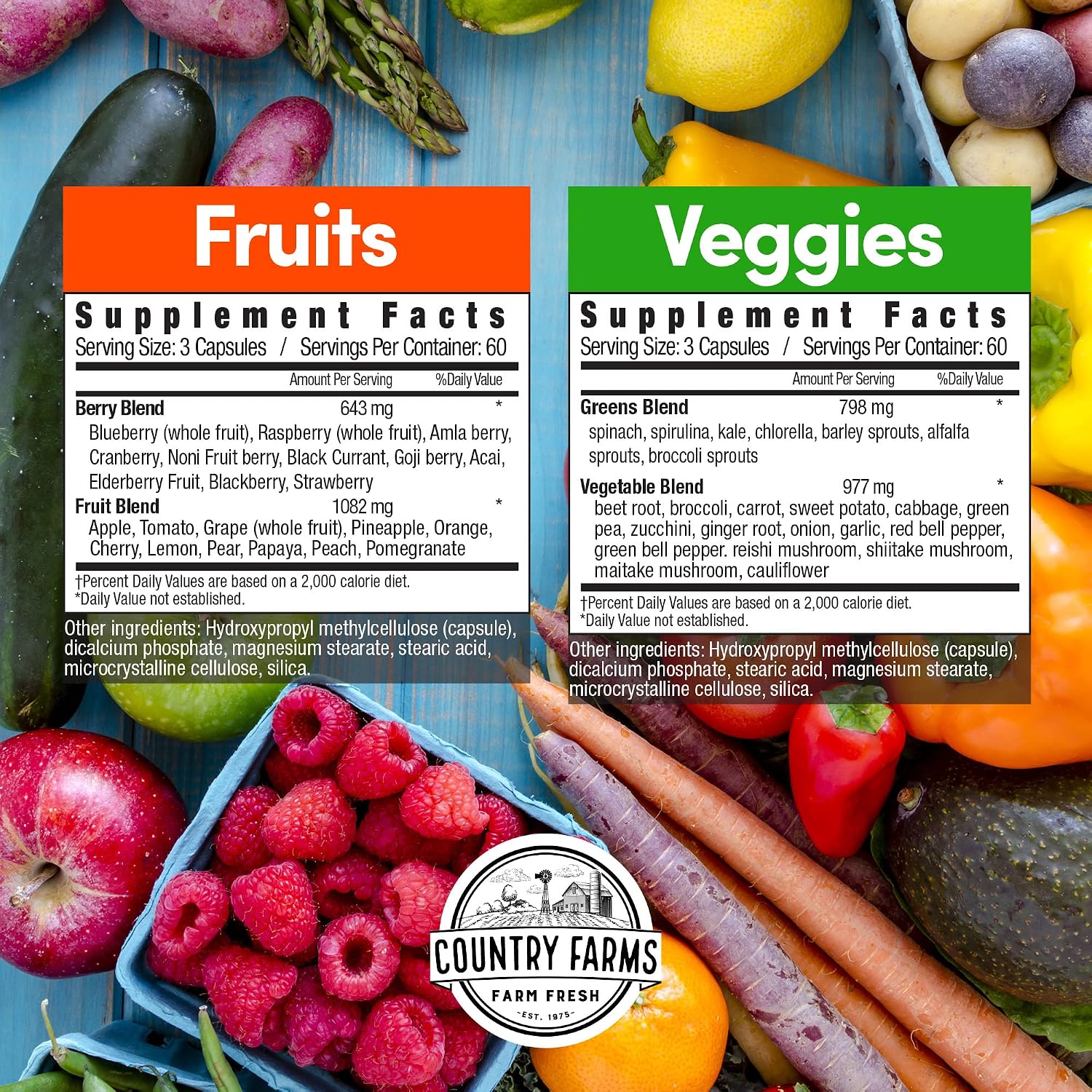Country Farms Fruit and Vegetable Supplement - 180 Fruit and 180 Vegetable Capsules, 60 Servings - görsel 2