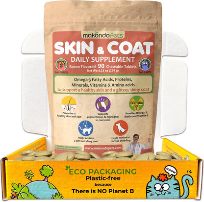 Skin and Coat Supplement with Fish Oil and Omega 3 for Dogs and Cats - Dog Itch Relief Pet Supplement for Shedding, Dry Itchy Skin and Allergies - Dog Allergy Treatment Vitamins (2-Pack, 120 Tabs)