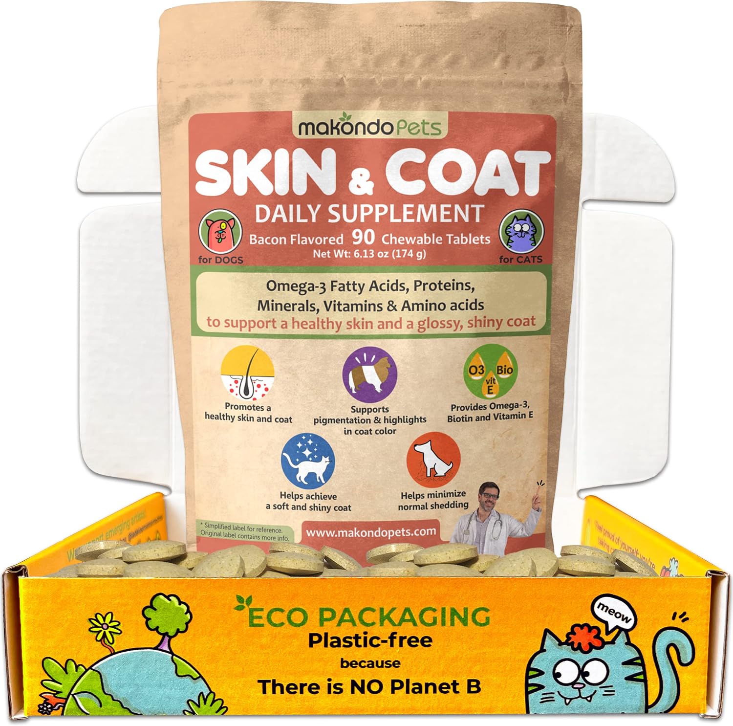 Skin and Coat Supplement with Fish Oil and Omega 3 for Dogs and Cats - Dog Itch Relief Pet Supplement for Shedding, Dry Itchy Skin and Allergies - Dog Allergy Treatment Vitamins (90 Tabs) - görsel 1