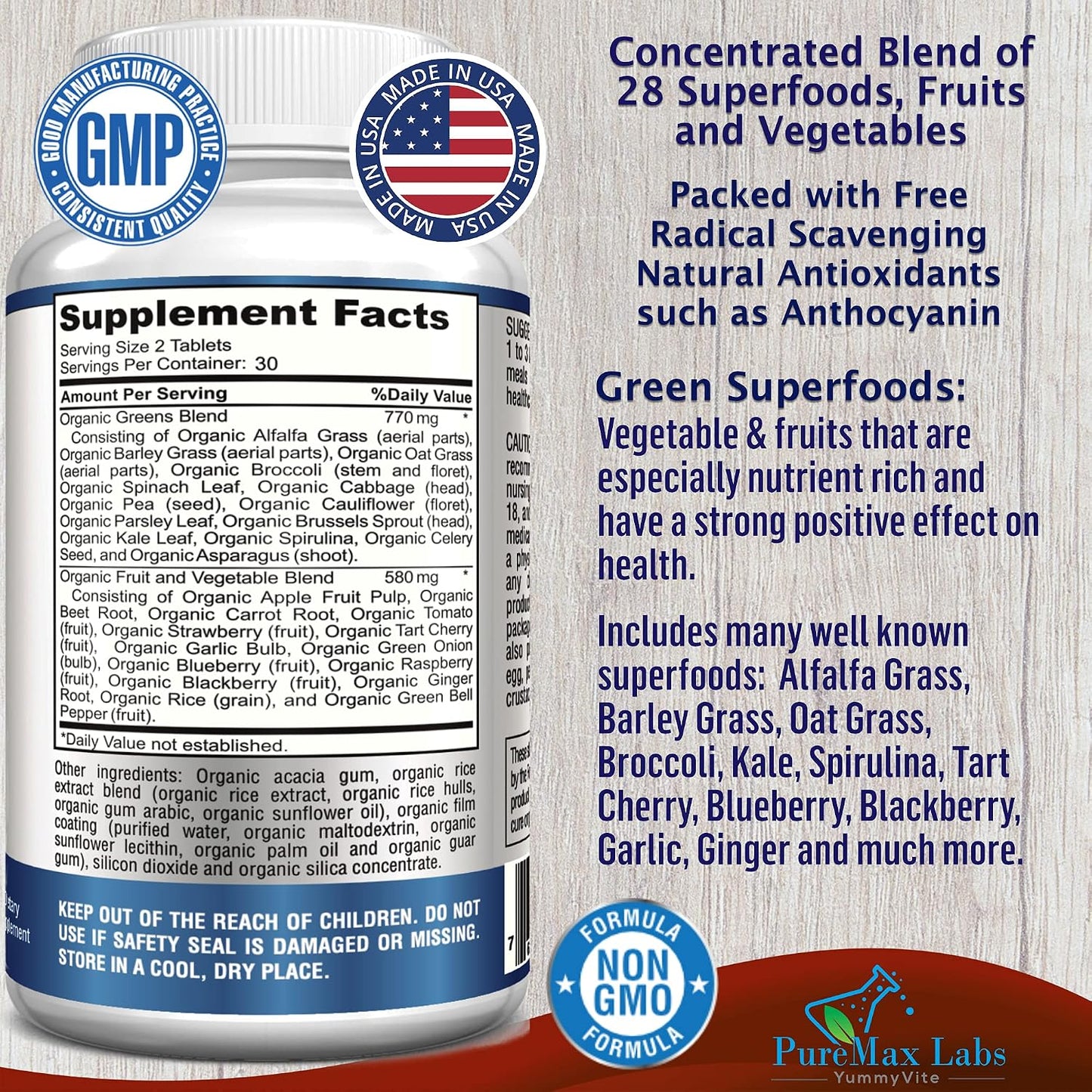 YUMMYVITE Fruit and Veg Superfood Greens - 28 Fruits and Vegetables with Antioxidants, 60 Tablets - görsel 2