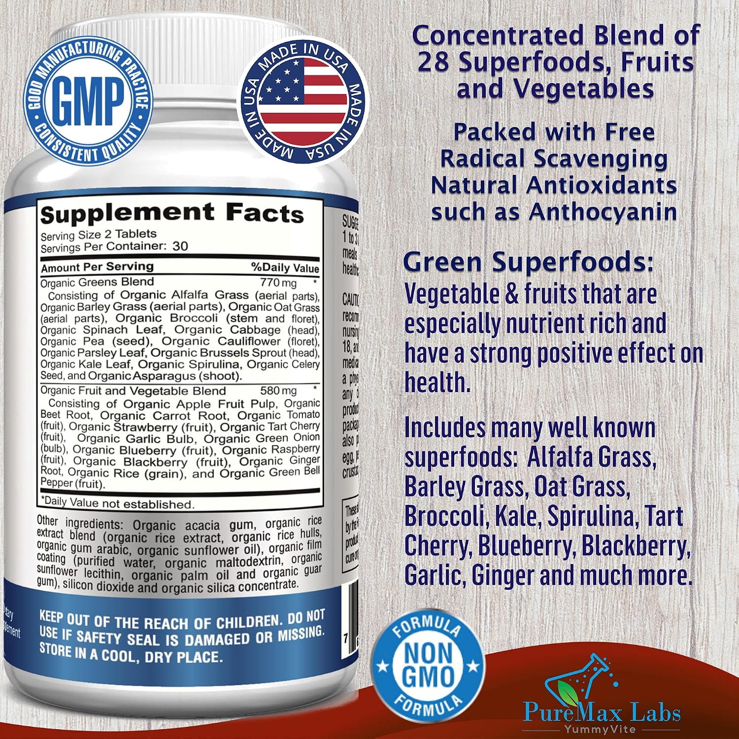 YUMMYVITE Fruit and Veg Superfood Greens - 28 Fruits and Vegetables with Antioxidants, 60 Tablets - görsel 2