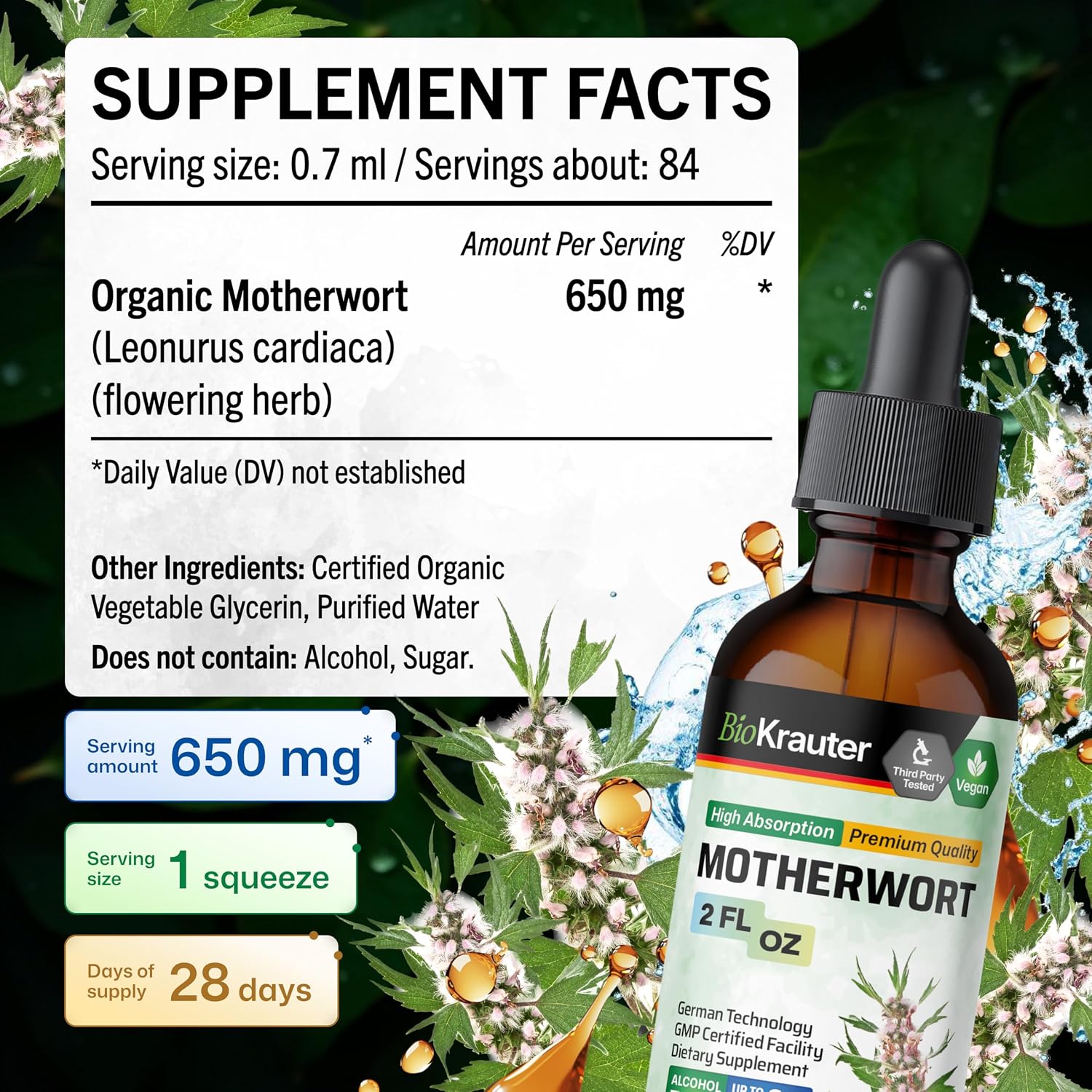 BIO KRAUTER® Perimenopause & Menopause Supplement – Vegan Motherwort Tincture, 60 ml - görsel 4