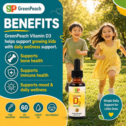GreenPeach Liquid Vegan Organic Vitamin D 400 to 2000 IU - D3 Drops for Toddlers, Kids, Babies & Infants, Natural, 60 Servings
