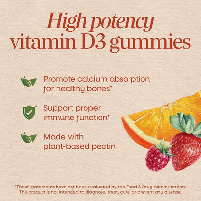 Nature's Way Vitamin D3 Gummies, Supports Normal Immune Function and Maintenance of Normal Bones*, 2000 IU (50 µg) per 2-Gummy Serving, Mixed Fruit Flavour, Gluten-free, Plant-Based Pectin, Vegetarian, 120 Count