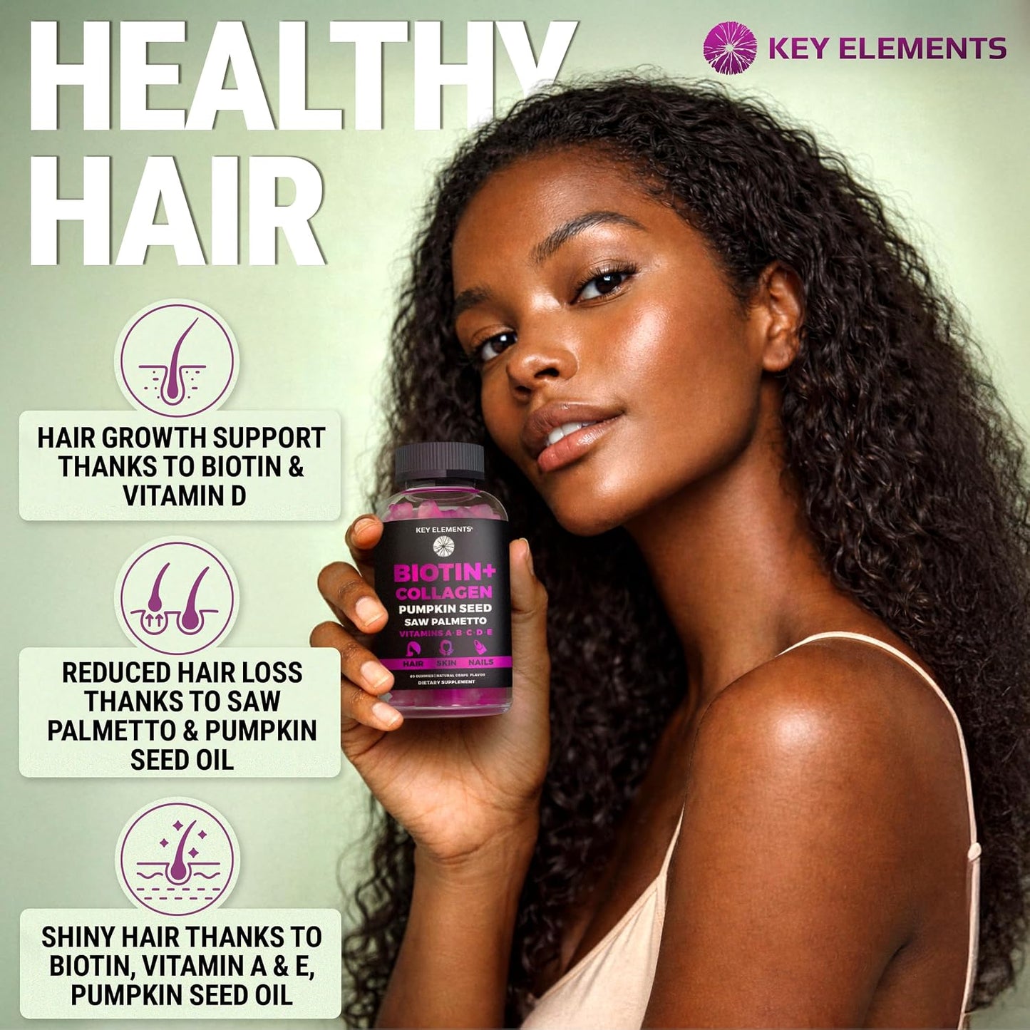 KEY ELEMENTS Biotin & Collagen Gummies – 10000mcg for Hair, Skin & Nails - görsel 2