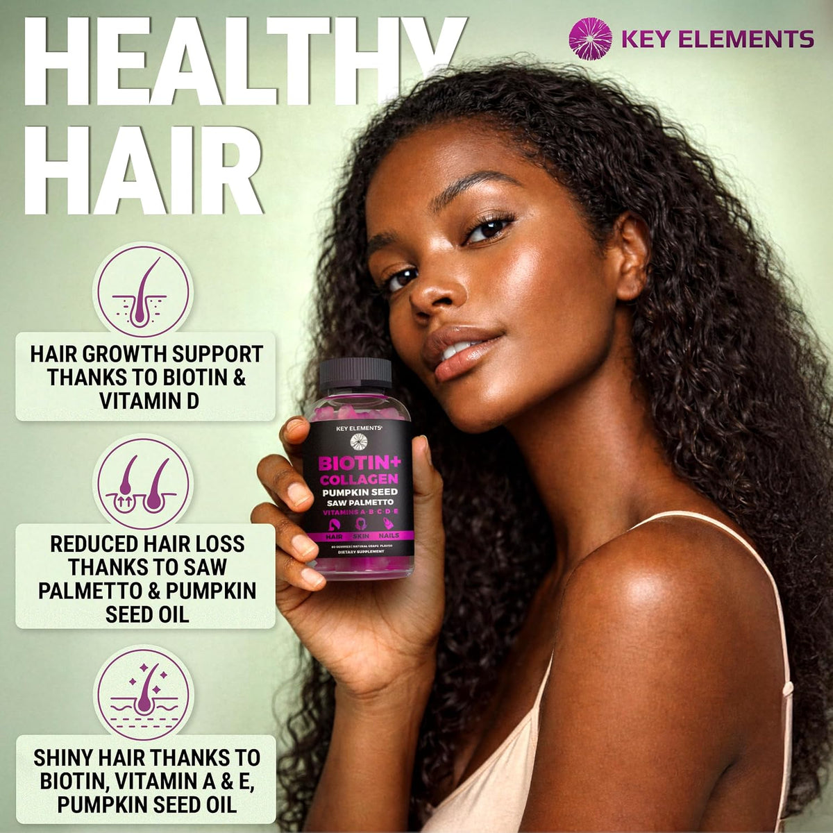 KEY ELEMENTS Biotin & Collagen Gummies – 10000mcg for Hair, Skin & Nails - görsel 2