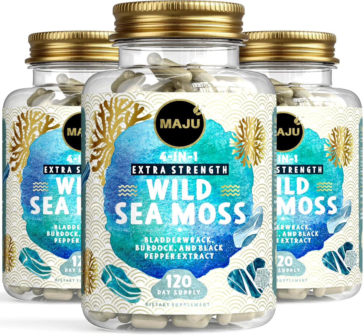 MAJU Wild Irish Sea Moss Capsules - 4-in-1 with Bladderwrack, Burdock Root & Black Pepper (120 Capsules) - görsel 9