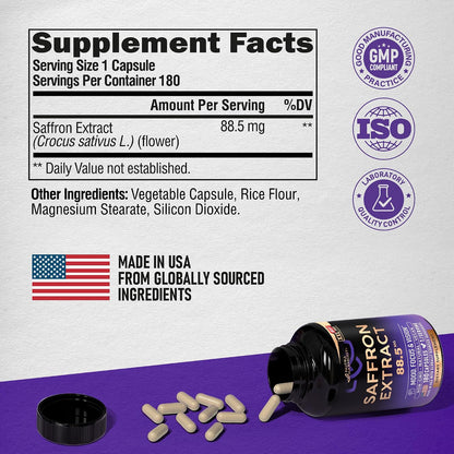 Natural Saffron Supplements - Pure Saffron Extract 88.5 mg - Mood, Focus, Vision and Energy Support for Women and Men - Non-GMO Vegan Capsules - 180 Powder Capsules, 6-Month Supply
