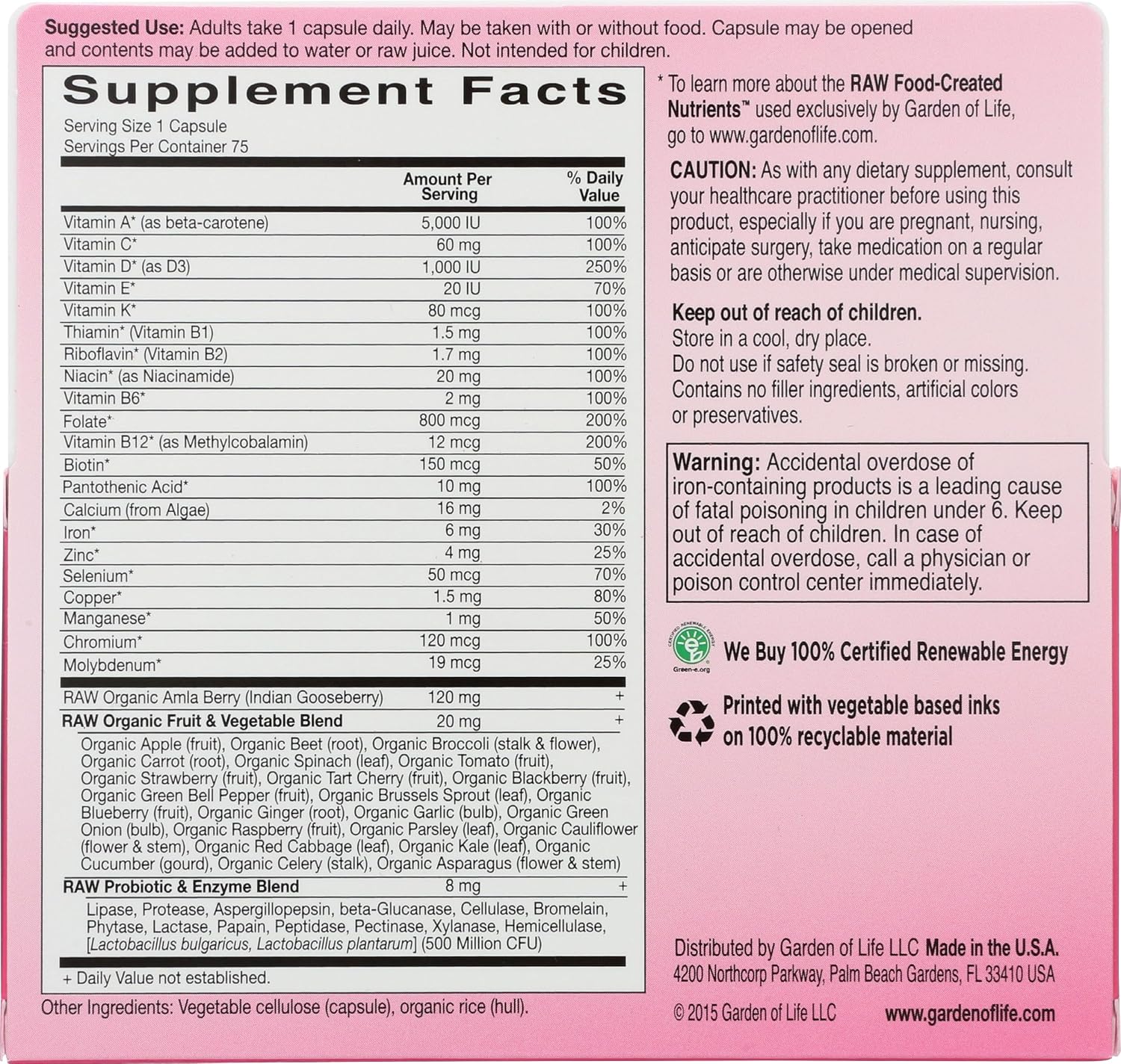 Garden of Life Raw Vitamin Code One for Women Multivitamin – 75 Capsules - görsel 2