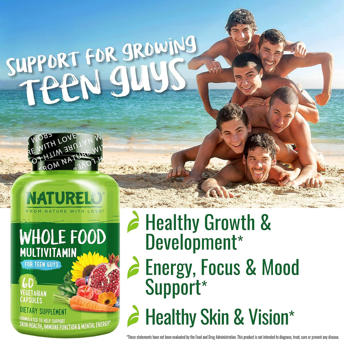 NATURELO Teen Multivitamin - Whole Food Multivitamin for Teenage Boys - 60 Capsules - görsel 5