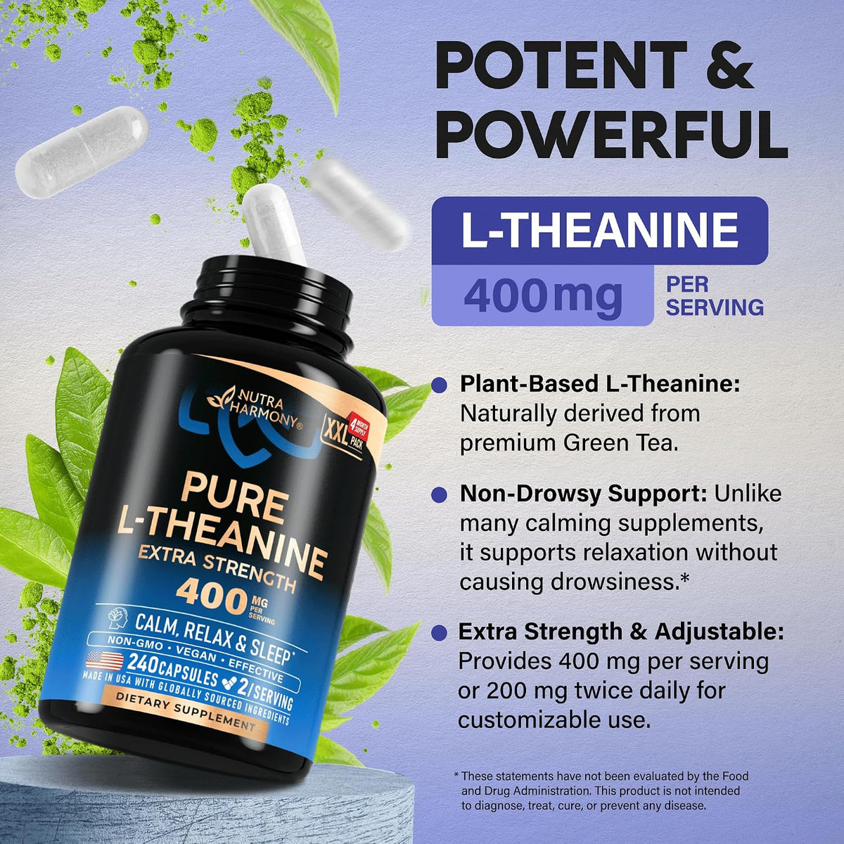 NUTRAHARMONY L-Theanine 400 mg – Calm & Relaxation Support Supplement (240 Vegan Capsules) - görsel 4
