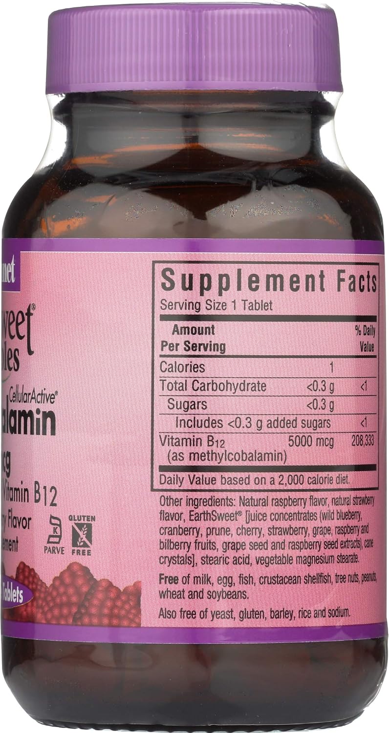 BlueBonnet Nutrition Earth Sweet® Chewables, CellularActive® Methylcobalamin, Raspberry, 5,000 mcg, 60 Chewable Tablets - görsel 6