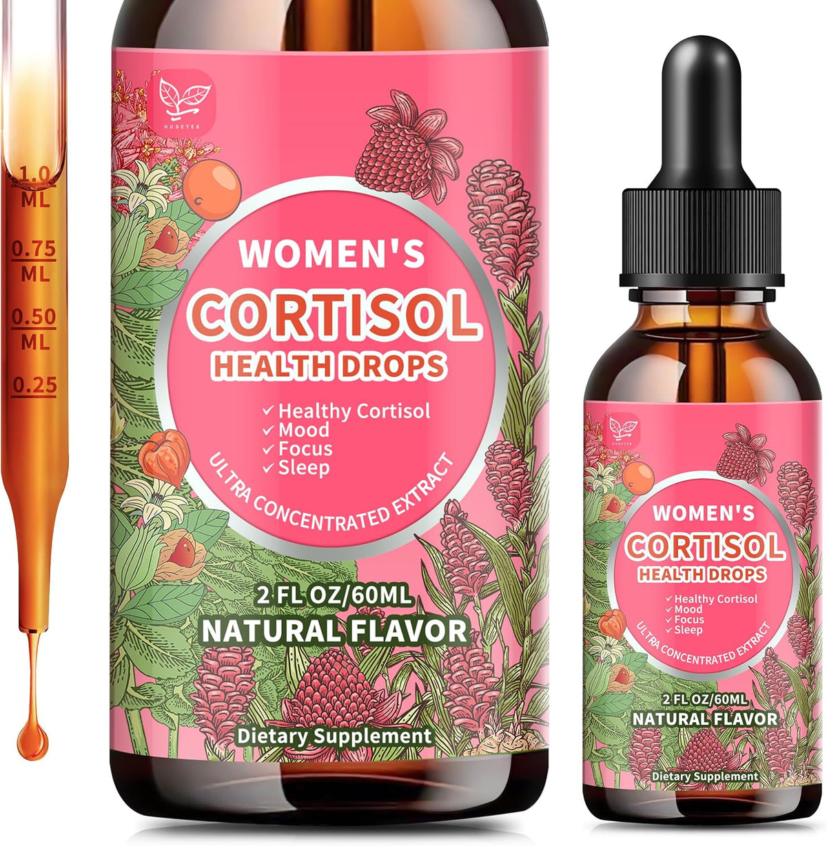 Hudetex Cortisol Supplements for Women Liquid Drops, Cortisol Manager with Ashwagandha, L-theanine, Phosphatidylserine, Rhodiola Rosea for Mood Support, Adrenal Balance, Sleep, Vegan, Natural Flavour, 60 ml - görsel 1