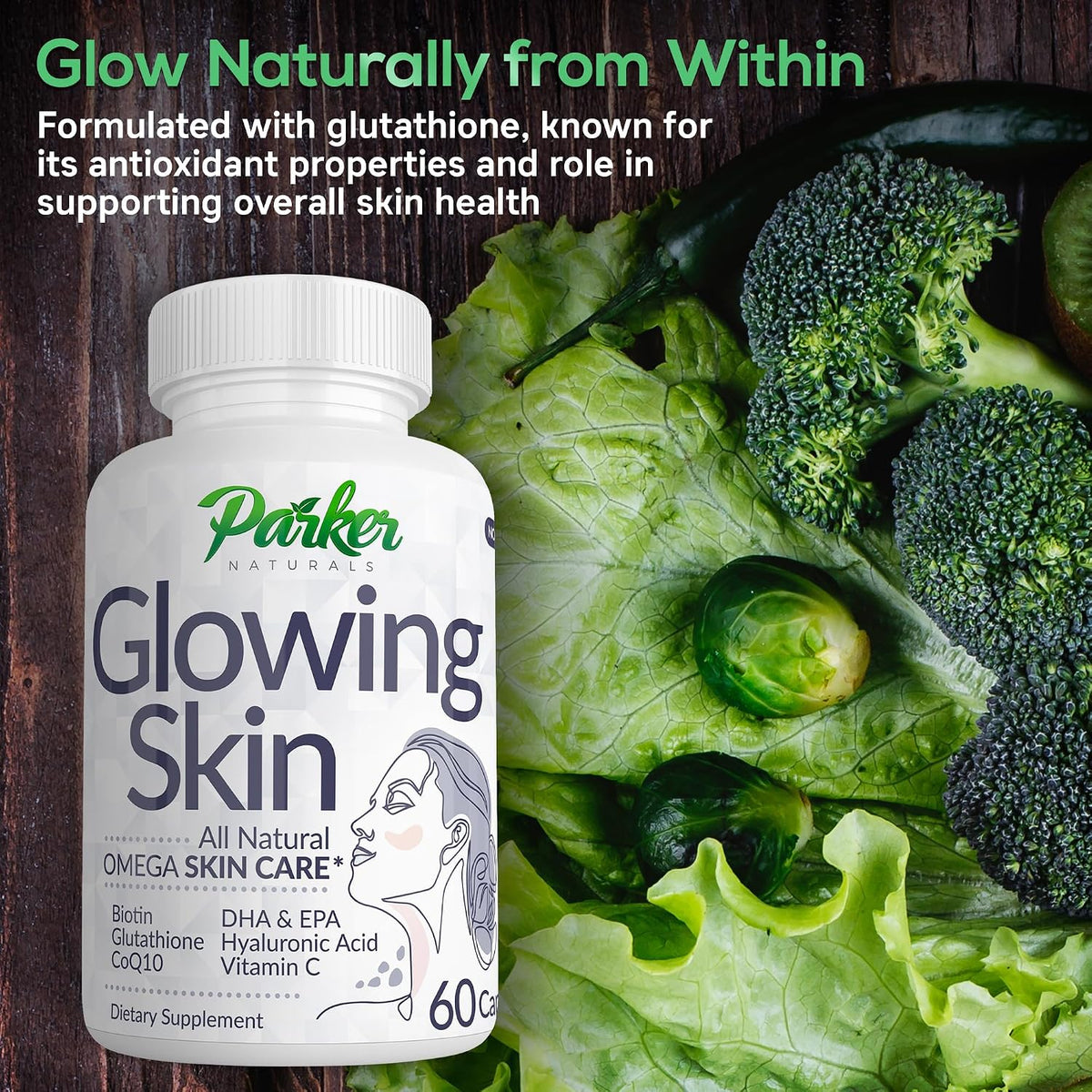 Parker Naturals Glowing Skin Supplement - Biotin, Glutathione, Hyaluronic Acid, DHA/EPA Omega 3 Fish Oil, CoQ10, Vitamin C - 60 Capsules - görsel 3