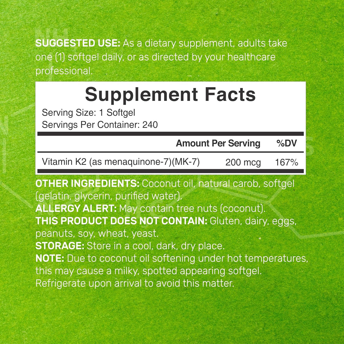DEAL SUPPLEMENT Vitamin K2 MK-7 200mcg, 240 Softgels - Coconut Oil Base, Non-GMO - görsel 2