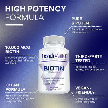Research Verified Biotin – Pure Extra Strength Biotin 10,000mcg – Hair, Skin and Nails Vitamin – Third-Party Tested, Made in USA – 360 Vegan Tablets