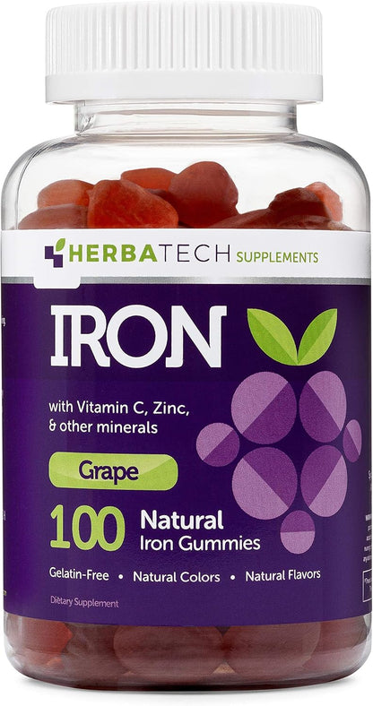 Iron Gummies for Adults and Children, Chewable Multivitamin with Iron, Vitamin C, A, B, Zinc, Folic Acid, and Biotin (Grape Flavoured) Vegan Safe, Made in the USA
