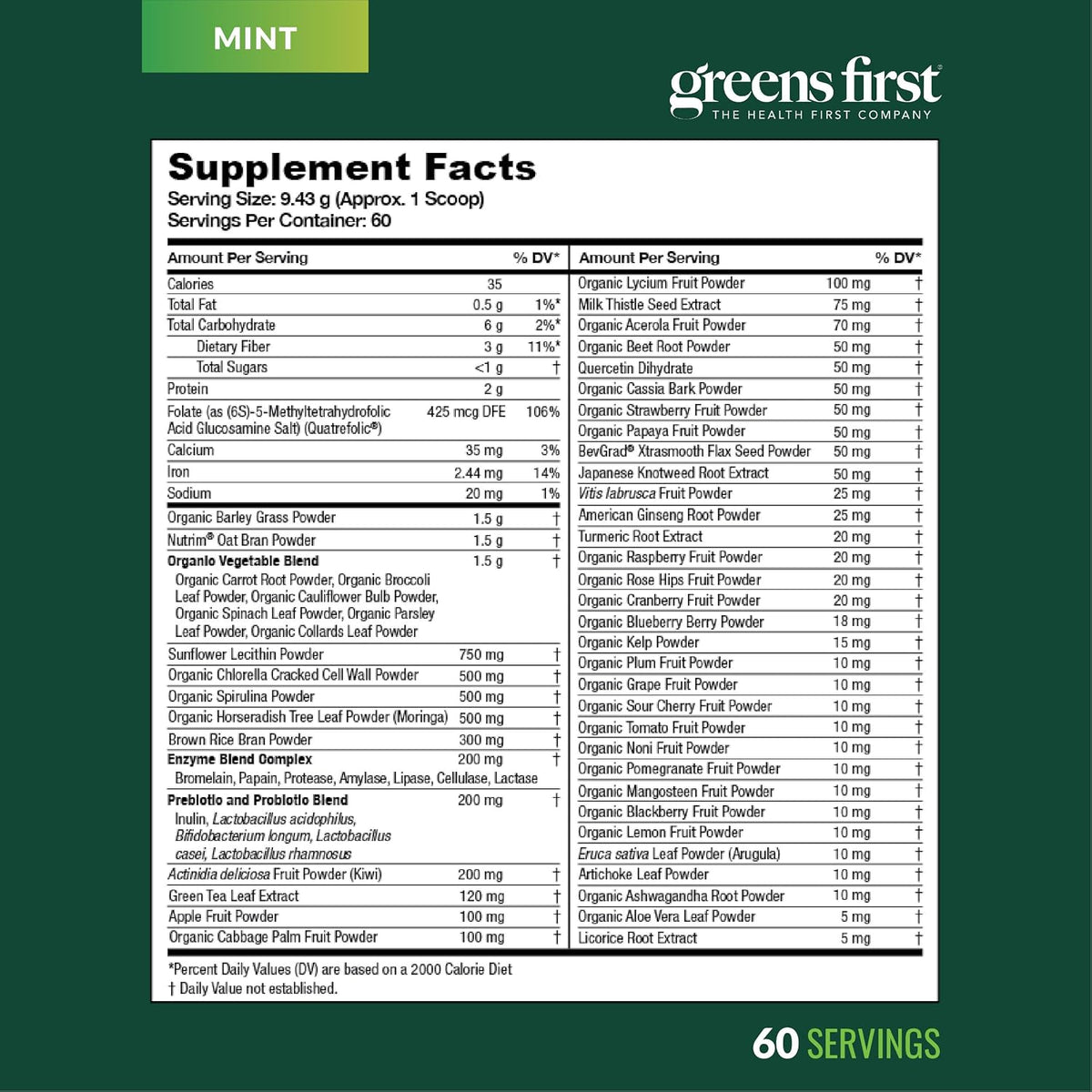 Greens First Original Greens Powder - 49 Superfoods - Organic Fruits & Veggies - Prebiotics, Probiotics & Digestive Enzymes - Antioxidant Smoothie - Dairy-Free, Vegan & Non-GM (Mint, 60 Servings) - görsel 9